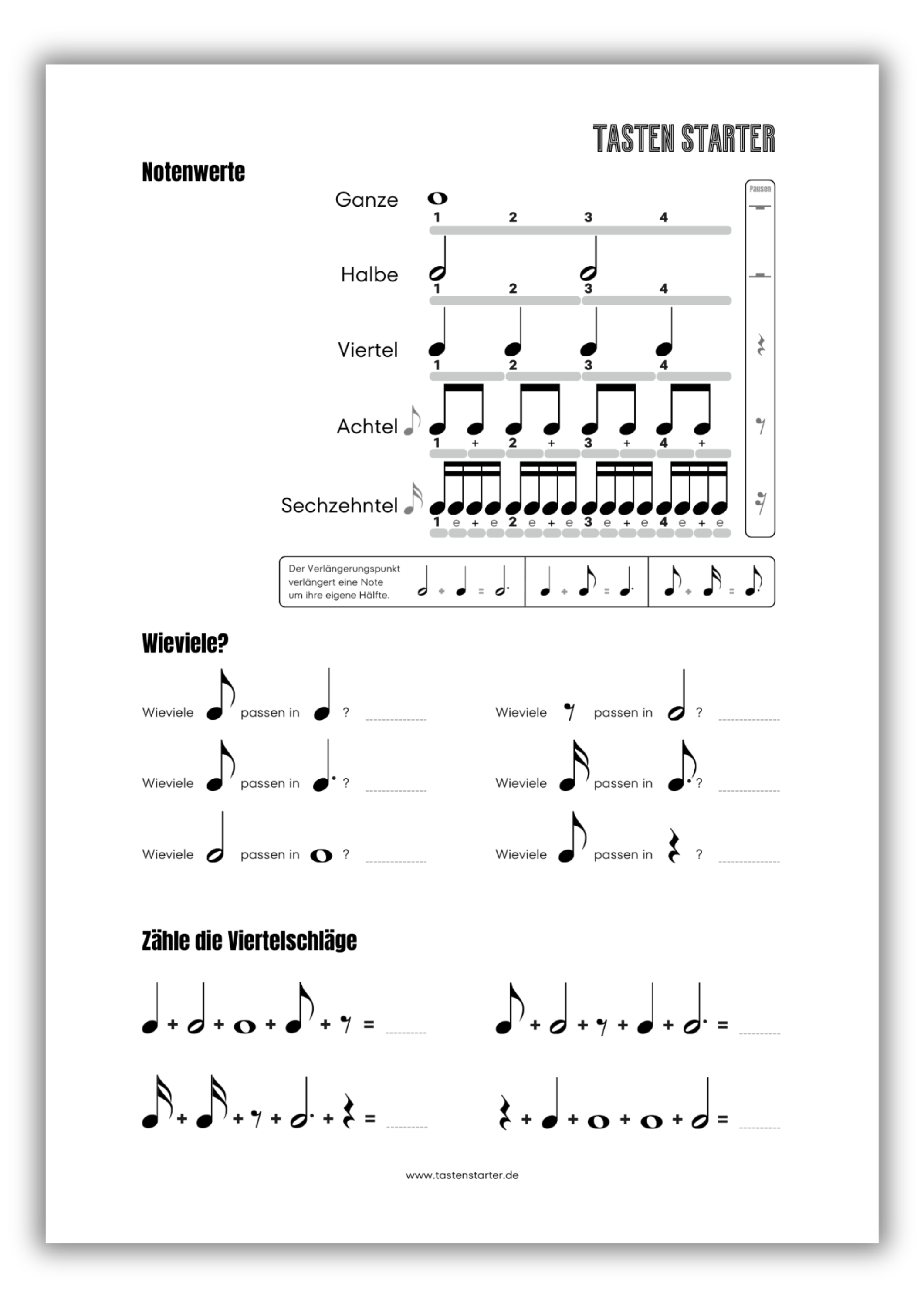 Notenwerte Arbeitsblatt - Tasten Starter
